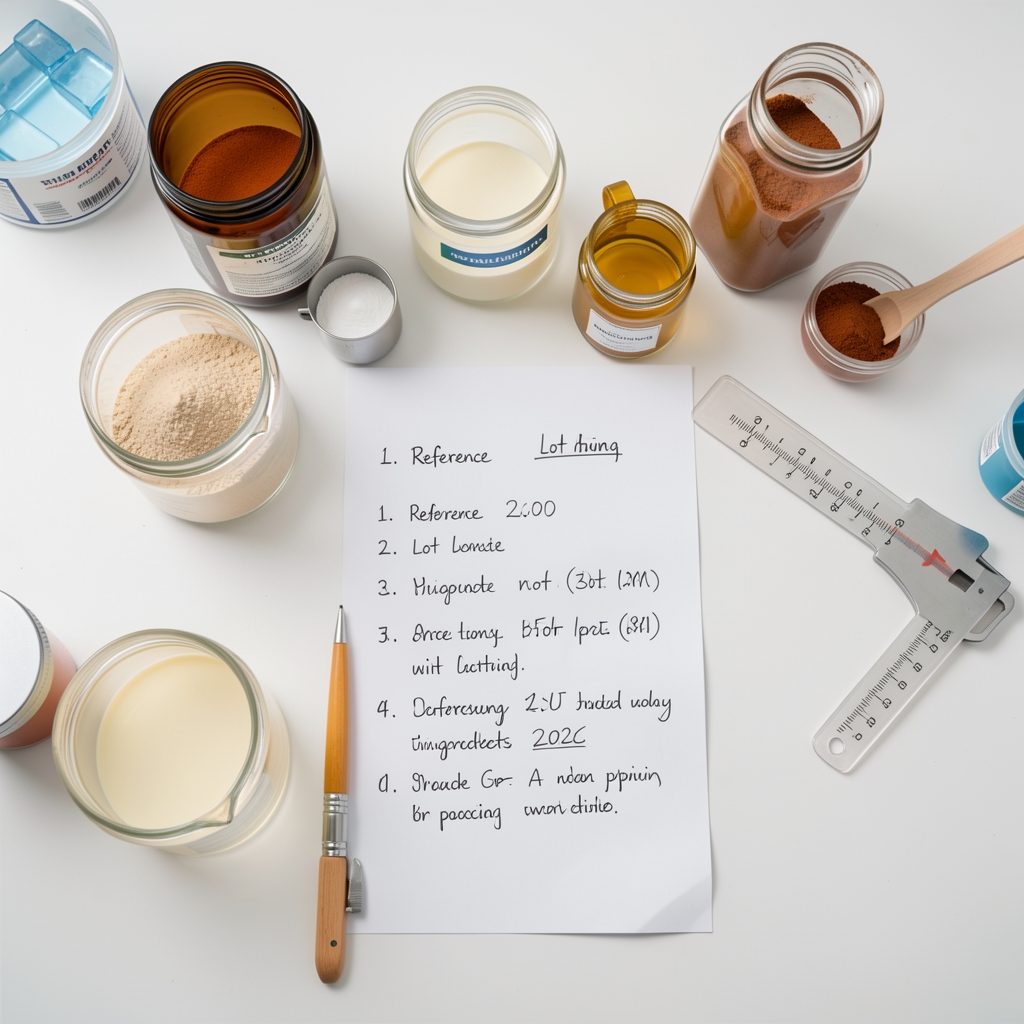 Overhead view of a supplement formulation workbench with ingredient containers, measurement tools, and handwritten lot reference notes on a clean surface under bright studio lighting