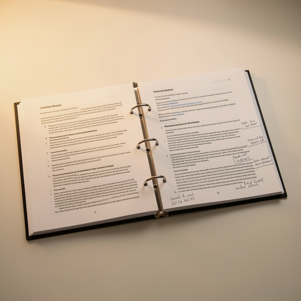 Open nutritional research reference binder with printed journal articles and handwritten margin annotations on a clean desk under warm studio lighting