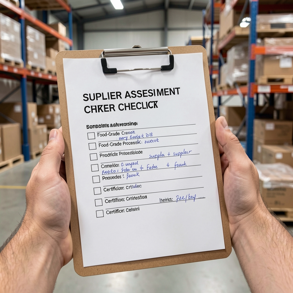 Supplier assessment checklist document held on a clipboard at a supplier facility, showing food-grade processing criteria and certification checkboxes with handwritten evaluation notes