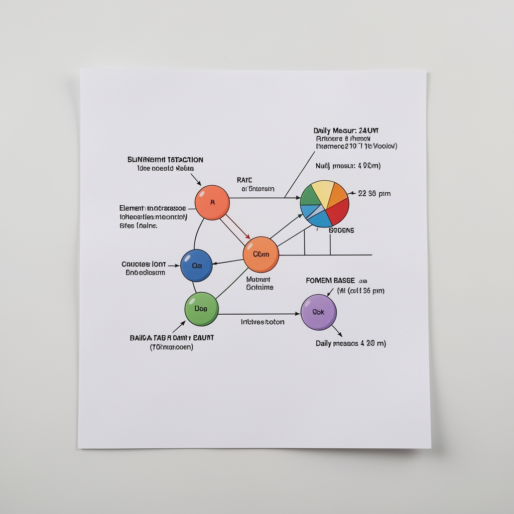 Formulation composition diagram on technical paper showing nutrient ratios, element interactions, and daily measure amounts with precise annotations in a clean studio workspace