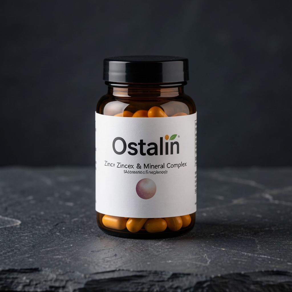 Glass amber supplement container with Ostalin branding on a dark stone surface, illuminated by controlled side lighting showing zinc and mineral complex formulation