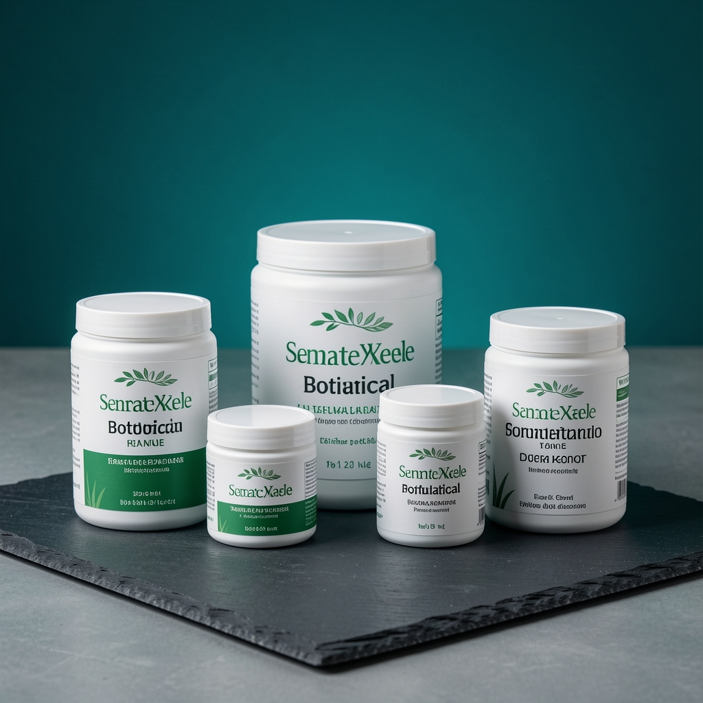 Three Ostalin supplement containers of varying sizes arranged on a slate surface, showing the plant-based botanical formulation range in clean product photography with teal accent lighting