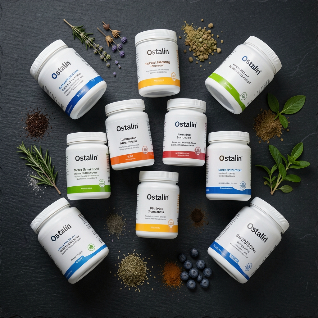Flat lay of multiple Ostalin supplement containers arranged on a dark slate surface with botanical ingredient samples, showing the full product range with precise editorial product photography