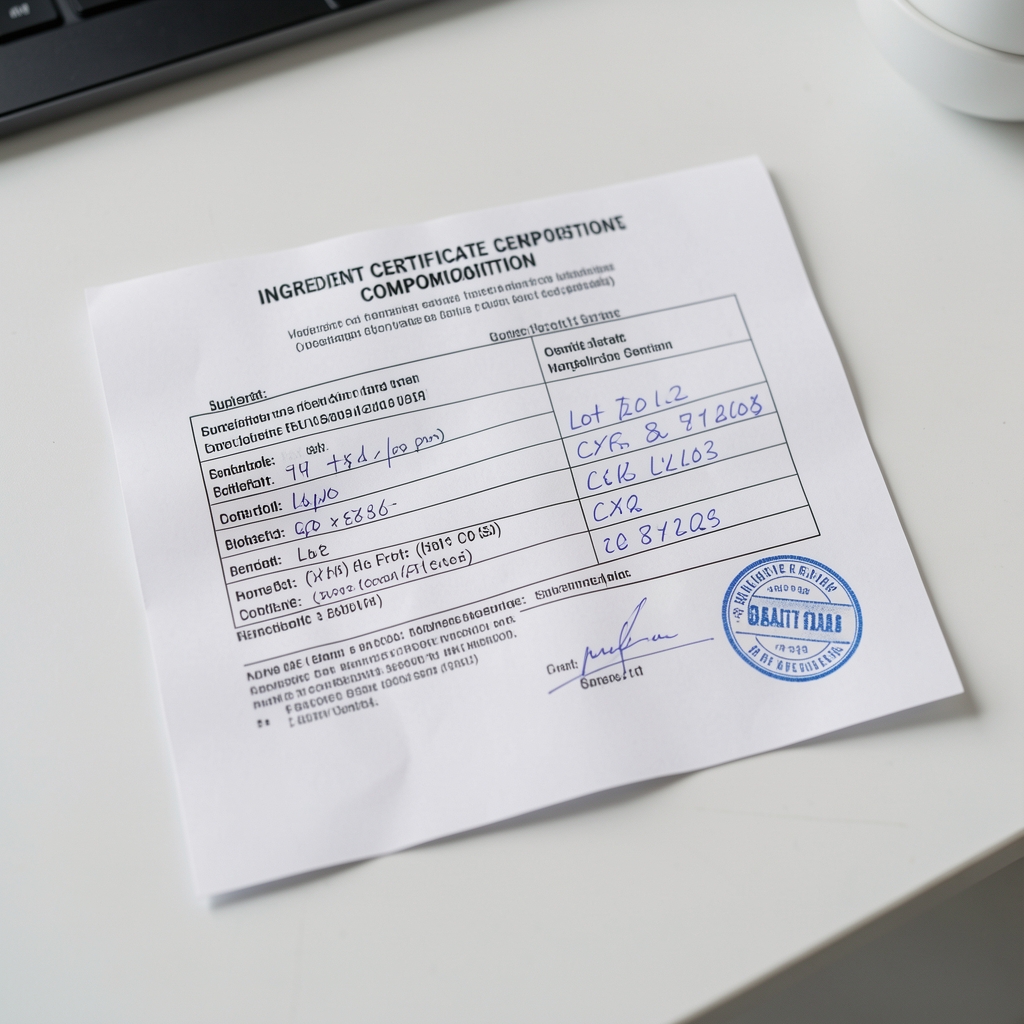 Close-up of ingredient certificates of composition laid flat on a clean workspace surface, showing official supplier documentation with handwritten lot references and quality verification stamps